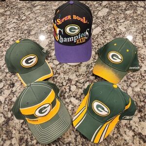 Green Bay Packers Lot Of Five Embroidered Hats - New Era, Reebok, Logo Athletic